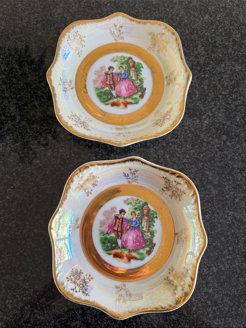 Vintage Empress by Mandol Japan Courting Couple Iridescent Plates Set of 2